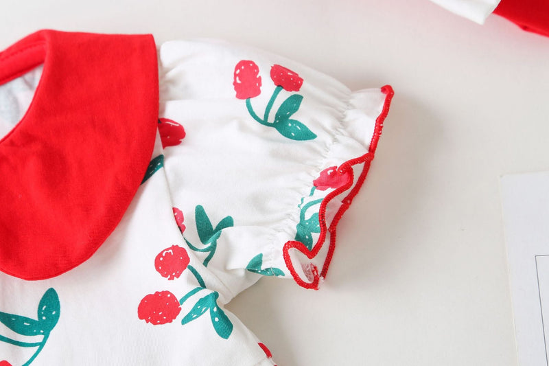 Baby Girl Cherry Print Pattern Round Collar Short-Sleeved Onesies In Summer Outfit Wearing, MyKids-USA®, Baby & Toddler Outerwear, MyKids-USA/ Baby Girl Cherry Print Round Collar Short-Sleeve Onesie – Summer MyKids-USA