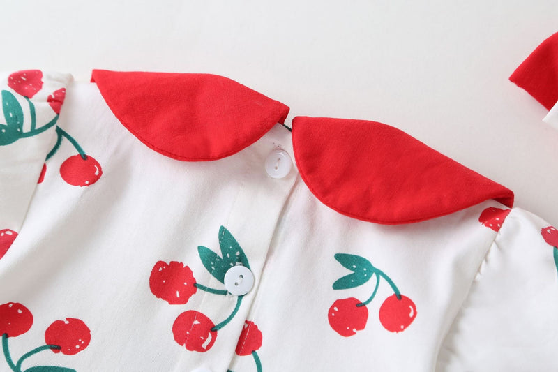 Baby Girl Cherry Print Pattern Round Collar Short-Sleeved Onesies In Summer Outfit Wearing, MyKids-USA®, Baby & Toddler Outerwear, MyKids-USA / Baby Girl Cherry Print Round Collar Short-Sleeve Onesie – Summer MyKids-USA