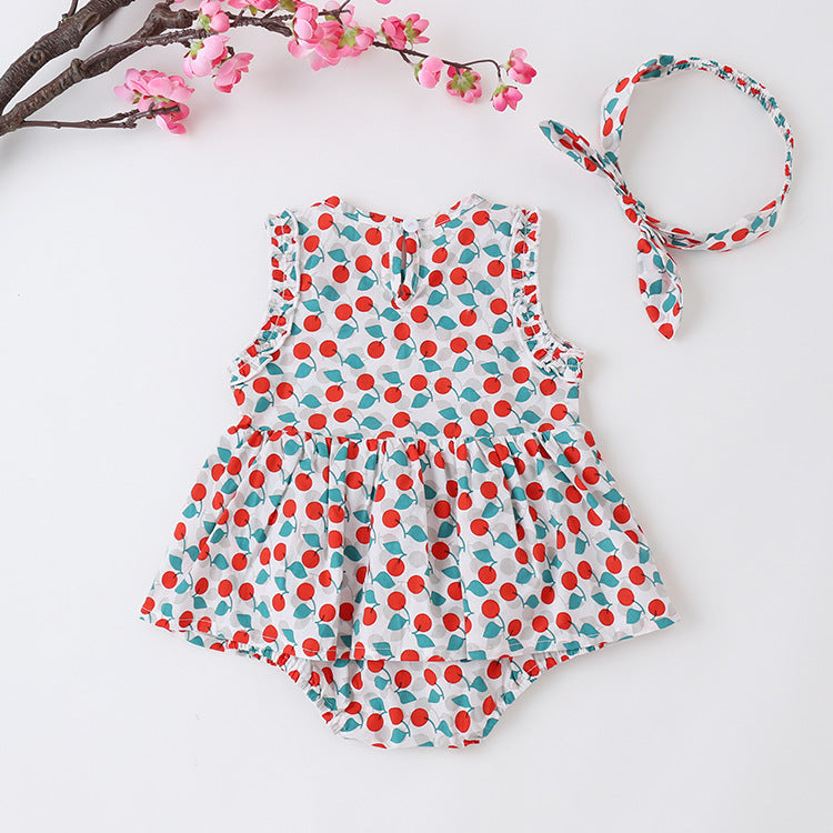 Baby Girl Cherry Print Sleeveless Onesies With Headband, MyKids-USA®, Baby & Toddler Outfits, MyKids-USA / Baby Girl Cherry Print Sleeveless Onesie with Headband MyKids USA