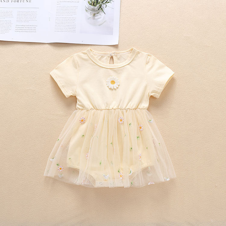 Baby Girl Embroidery Daisy Short-Sleeved Round Collar Dress, MyKids-USA®, Baby & Toddler Outfits, MyKids-USA - Size/Age - 66 (3-6M) - Color - Beige / Baby Girl Embroidered Daisy Short-Sleeve Dress MyKids USA