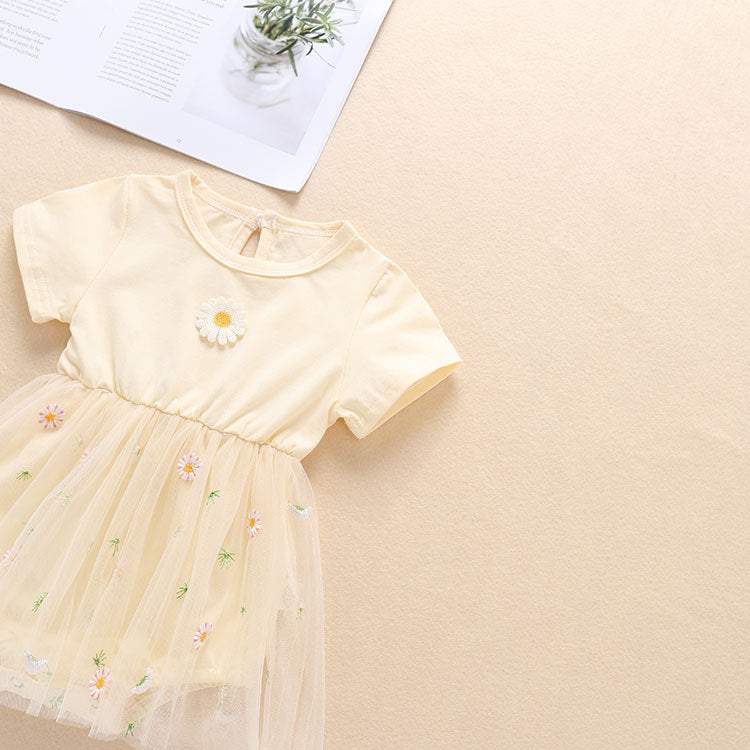 Baby Girl Embroidery Daisy Short-Sleeved Round Collar Dress, MyKids-USA®, Baby & Toddler Outfits, MyKids-USA / Baby Girl Embroidered Daisy Short-Sleeve Dress MyKids USA