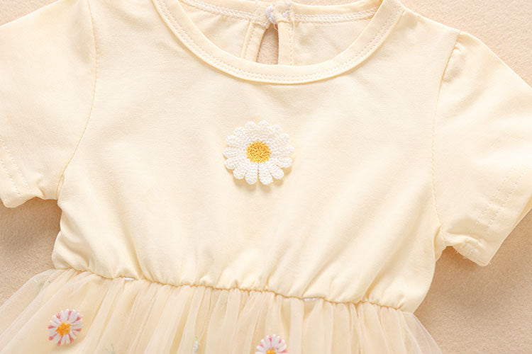 Baby Girl Embroidery Daisy Short-Sleeved Round Collar Dress, MyKids-USA®, Baby & Toddler Outfits, MyKids-USA / Baby Girl Embroidered Daisy Short-Sleeve Dress MyKids USA