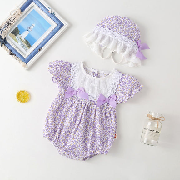 Baby Girl Floral Pattern Lace Patchwork Round Collar Short-Sleeved Colorful Cotton Onesies With Hat, MyKids-USA®, Baby & Toddler Outerwear, MyKids-USA / Baby Girl Floral Lace Patchwork Short-Sleeve Cotton Onesie with Hat MyKids-USA