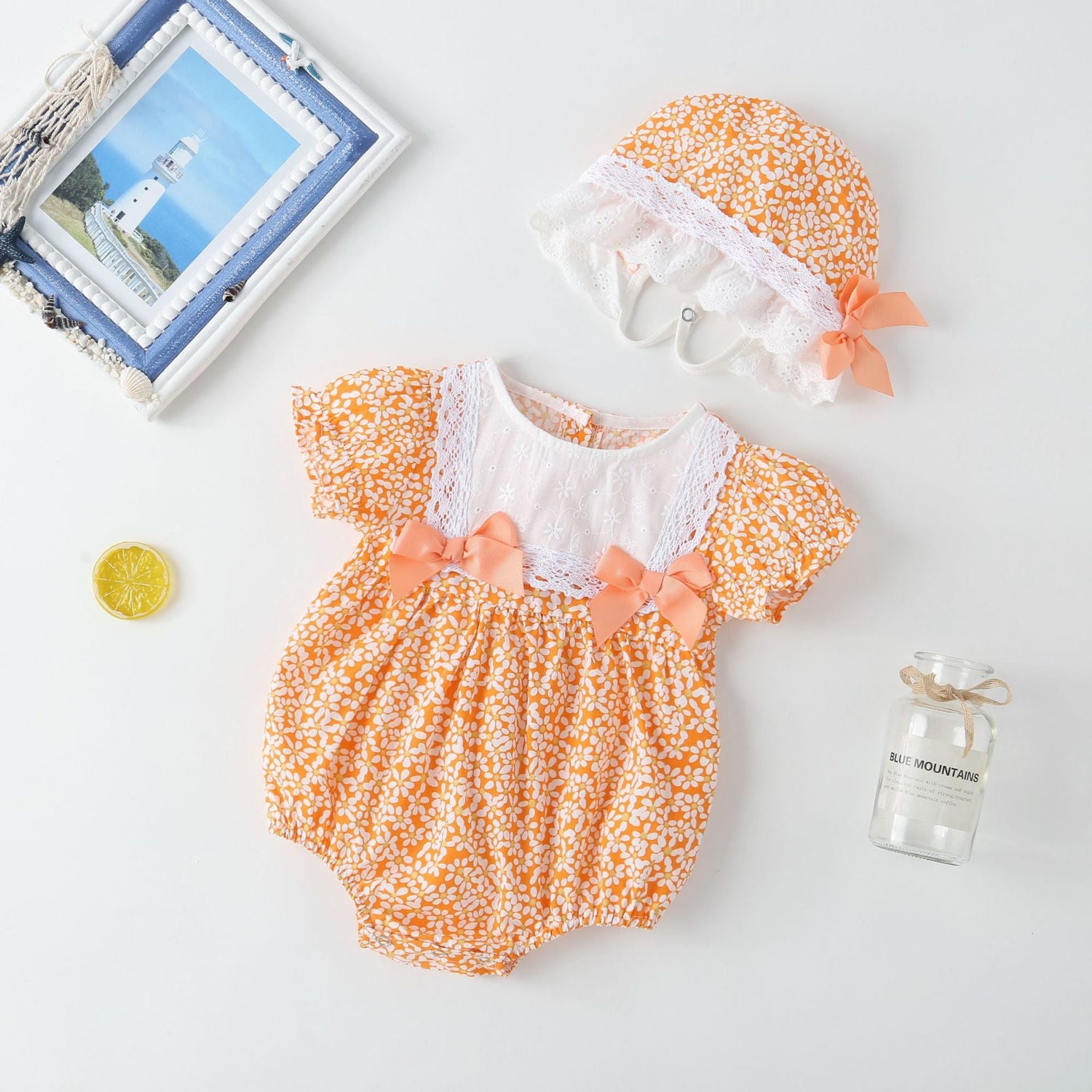 Baby Girl Floral Pattern Lace Patchwork Round Collar Short-Sleeved Colorful Cotton Onesies With Hat, MyKids-USA®, Baby & Toddler Outerwear, MyKids-USA / Baby Girl Floral Lace Patchwork Short-Sleeve Cotton Onesie with Hat MyKids-USA