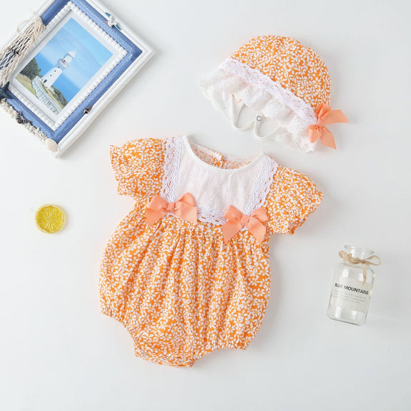 Baby Girl Floral Pattern Lace Patchwork Round Collar Short-Sleeved Colorful Cotton Onesies With Hat, MyKids-USA®, Baby & Toddler Outerwear, MyKids-USA / Baby Girl Floral Lace Patchwork Short-Sleeve Cotton Onesie with Hat MyKids-USA