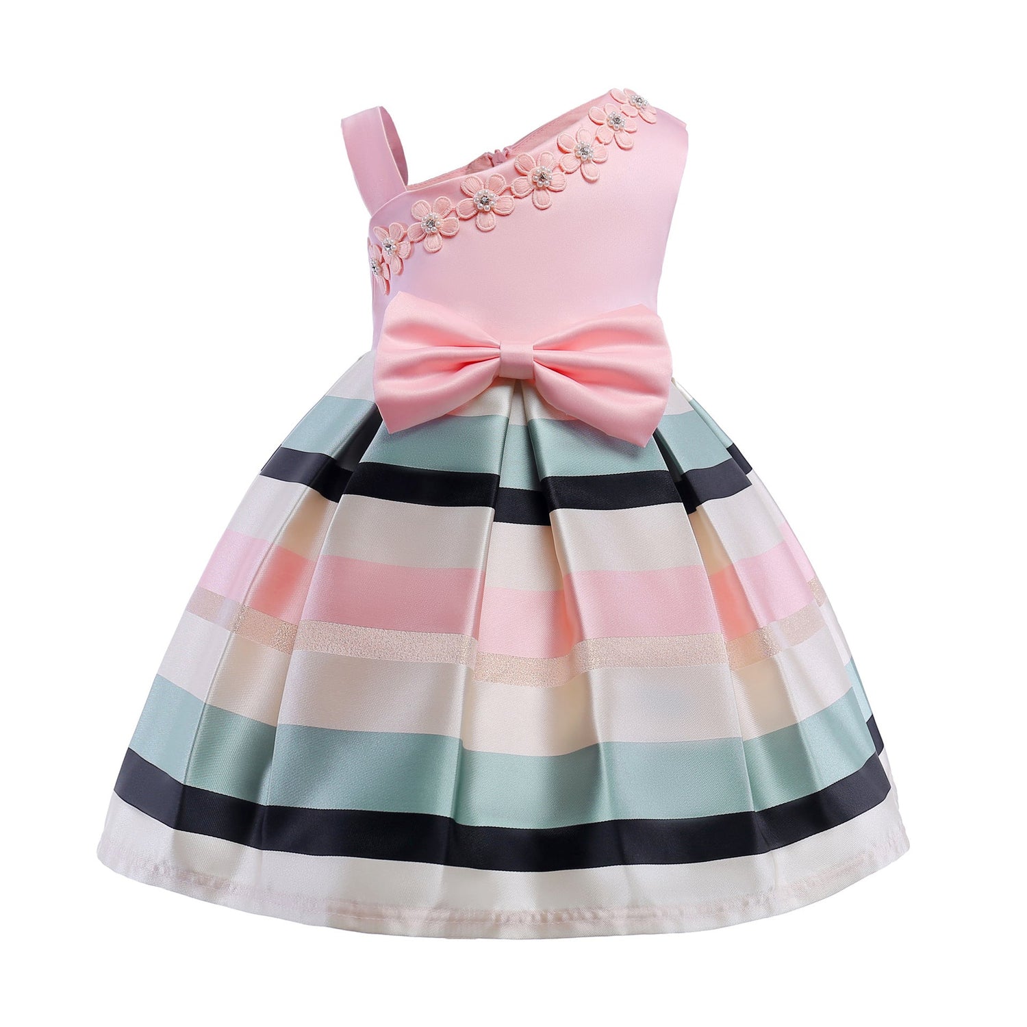 Baby Girl Floral Patched Pattern Striped Tutu Princess Dress One Shoulder Dress, MyKids-USA®, Baby & Toddler Dresses, MyKids-USA - Size/Age - 100 (2-3Y) - Color - Light Pink / Baby Girl Floral Patched Pattern Striped Tutu Princess Dress One Shoulder Dress MyKids USA