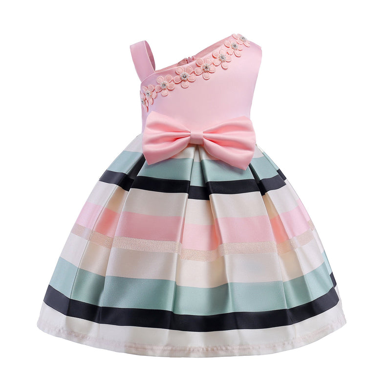 Baby Girl Floral Patched Pattern Striped Tutu Princess Dress One Shoulder Dress, MyKids-USA®, Baby & Toddler Dresses, MyKids-USA - Size/Age - 100 (2-3Y) - Color - Light Pink / Baby Girl Floral Patched Pattern Striped Tutu Princess Dress One Shoulder Dress MyKids USA