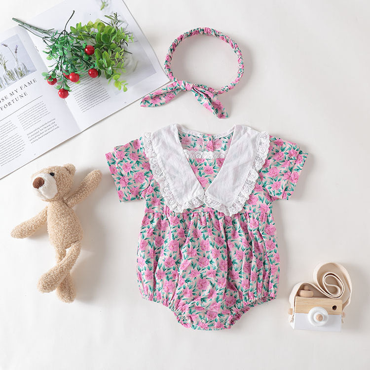 Baby Girl Floral Print Lace Collar Patchwork Onesie – Short Sleeve MyKids-USA