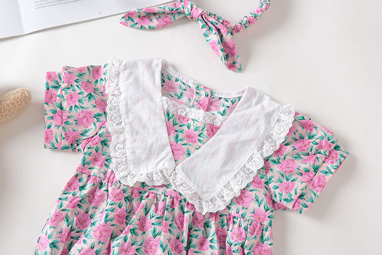 Baby Girl Floral Print Pattern Lace Collar Patchwork Baby Onesies Short Sleeve, MyKids-USA®, Baby & Toddler Outerwear, MyKids-USA 