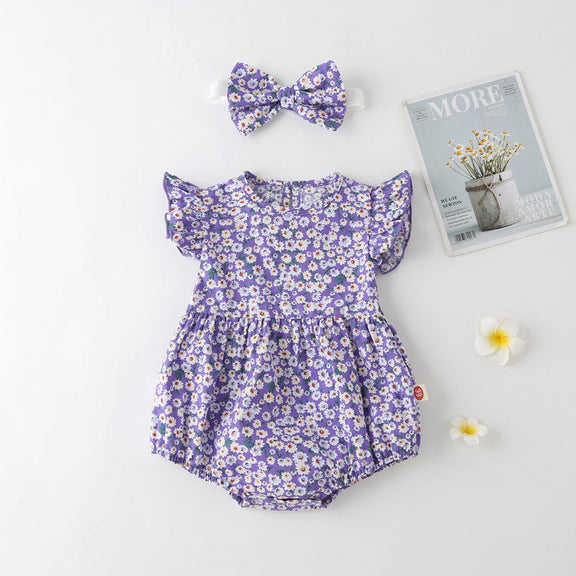 Baby Girl Floral Print Onesies With Headband In Summer Outfit Wearing, MyKids-USA®, Baby & Toddler Outfits, MyKids-USA - Size/Age - 66 (3-6M) - Color - Purple  / Baby Girl Floral Print Onesie with Headband – Summer MyKids-USA