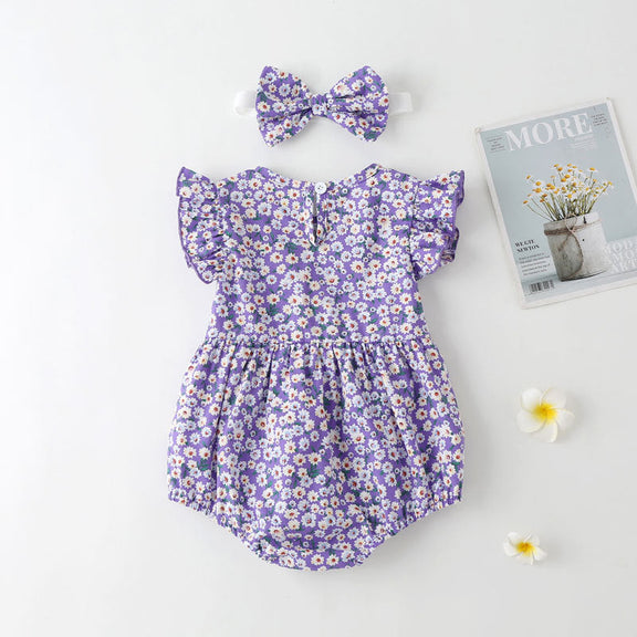Baby Girl Floral Print Onesies With Headband In Summer Outfit Wearing, MyKids-USA®, Baby & Toddler Outfits, MyKids-USA / Baby Girl Floral Print Onesie with Headband – Summer MyKids-USA