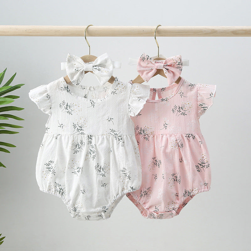 Baby Girl Floral Print Round-Collared Combo Headband, MyKids-USA®, Baby & Toddler Outfits, MyKids-USA / Baby Girl Floral Print Onesie with Round Collar and Headband MyKids-USA