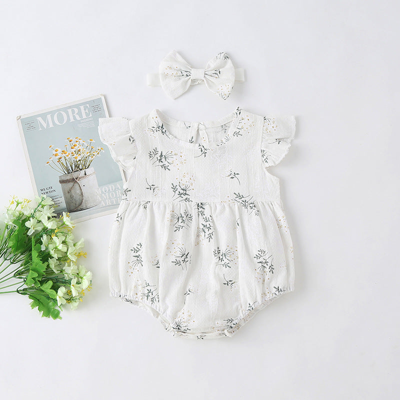 Baby Girl Floral Print Round-Collared Combo Headband, MyKids-USA®, Baby & Toddler Outfits, MyKids-USA - Size/Age - 66 (3-6M) - Color - White / Baby Girl Floral Print Onesie with Round Collar and Headband MyKids-USA