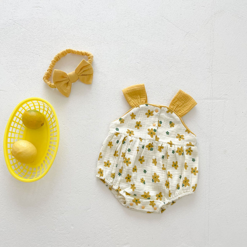 Baby Girl Floral Print Sleeveless Suspenders Onesies, MyKids-USA®, Baby & Toddler Outfits, MyKids-USA - Size/Age - 66 (3-6M) - Color - Yellow / Baby Girl Floral Print Sleeveless Suspender Onesie MyKids-USA