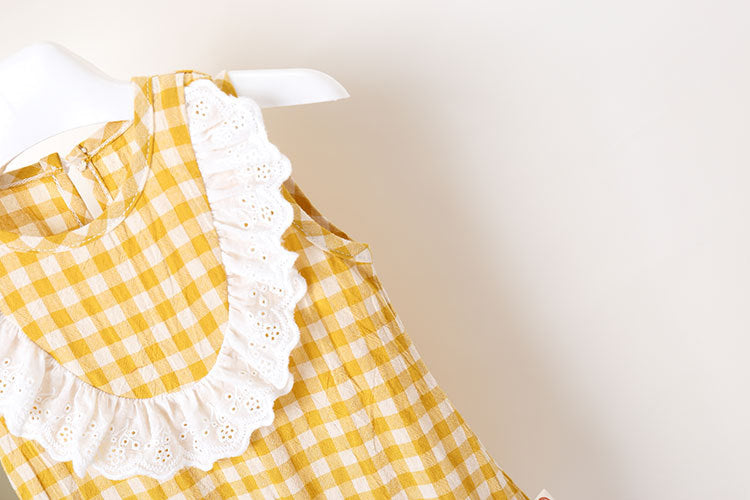 Baby Girl Grid Pattern Ruffles Collar Sleeveless Romper, MyKids-USA®, Baby & Toddler Outfits, MyKids-USA / Baby Girl Grid Pattern Sleeveless Romper with Ruffle Collar MyKids-USA