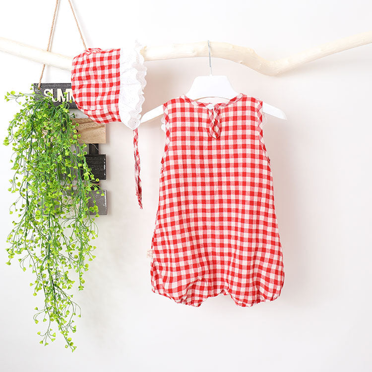 Baby Girl Grid Pattern Ruffles Collar Sleeveless Romper, MyKids-USA®, Baby & Toddler Outfits, MyKids-USA - Size/Age - 66 (3-6M) - Color - Red / Baby Girl Grid Pattern Sleeveless Romper with Ruffle Collar MyKids-USA