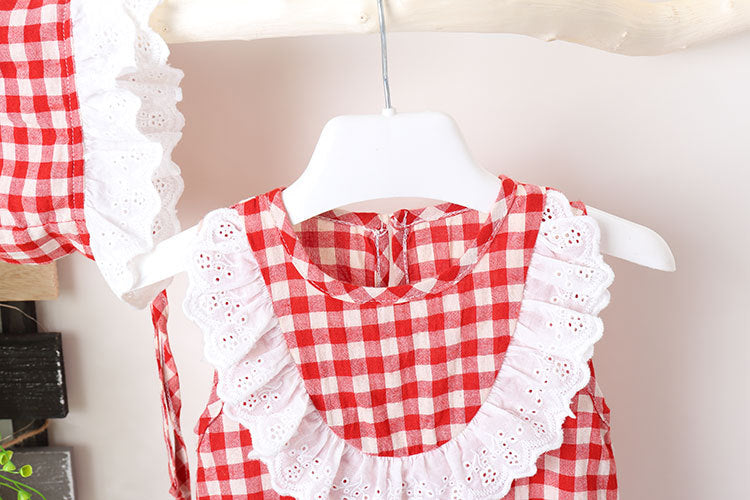 Baby Girl Grid Pattern Ruffles Collar Sleeveless Romper, MyKids-USA®, Baby & Toddler Outfits, MyKids-USA / Baby Girl Grid Pattern Sleeveless Romper with Ruffle Collar MyKids-USA