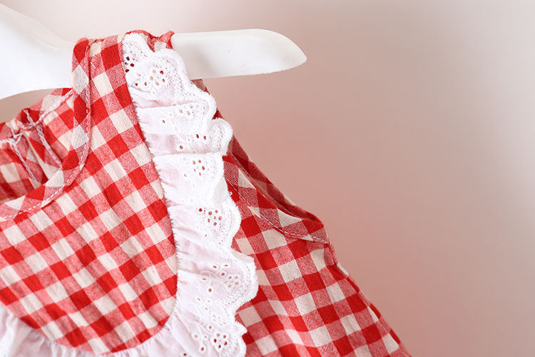 Baby Girl Grid Pattern Ruffles Collar Sleeveless Romper, MyKids-USA®, Baby & Toddler Outfits, MyKids-USA / Baby Girl Grid Pattern Sleeveless Romper with Ruffle Collar MyKids-USA