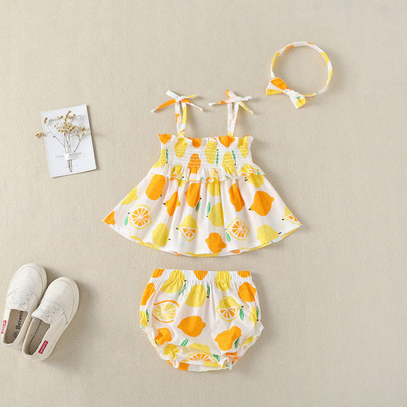 Baby Girl Lemon Fruit Print Sleeveless Dress Combo Short Pants In Sets, MyKids-USA®, Baby & Toddler Outerwear, MyKids-USA - Size/Age - 66 (3-6M) - Color - Yellow / Baby Girl Lemon Print Sleeveless Dress with Shorts Set MyKids-USA