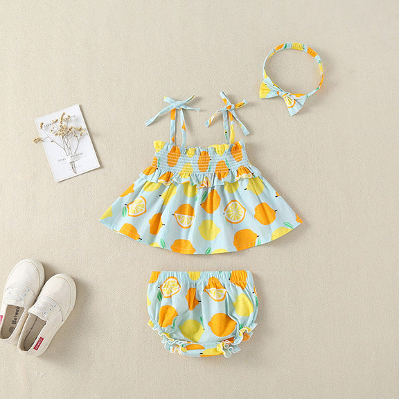 Baby Girl Lemon Fruit Print Sleeveless Dress Combo Short Pants In Sets, MyKids-USA®, Baby & Toddler Outerwear, MyKids-USA - Size/Age - 66 (3-6M) - Color - Blue / Baby Girl Lemon Print Sleeveless Dress with Shorts Set MyKids-USA