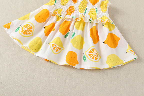 Baby Girl Lemon Fruit Print Sleeveless Dress Combo Short Pants In Sets, MyKids-USA®, Baby & Toddler Outerwear, MyKids-USA / Baby Girl Lemon Print Sleeveless Dress with Shorts Set MyKids-USA