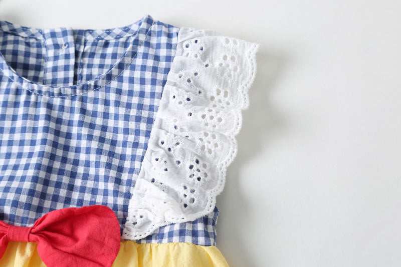 Baby Girl Plaid Pattern Lace Patchwork Bow Sleeveless Princess Onesies In Summer, MyKids-USA®, Baby & Toddler Outerwear, MyKids-USA -/ Baby Girl Plaid Lace Patchwork Bow Sleeveless Onesie – Summer MyKids-USA