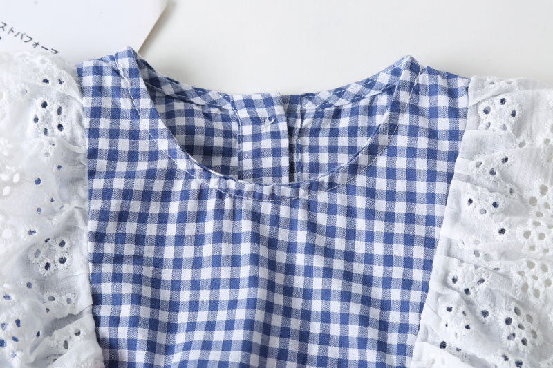 Baby Girl Plaid Pattern Lace Patchwork Bow Sleeveless Princess Onesies In Summer, MyKids-USA®, Baby & Toddler Outerwear, MyKids-USA / Baby Girl Plaid Lace Patchwork Bow Sleeveless Onesie – Summer MyKids-USA