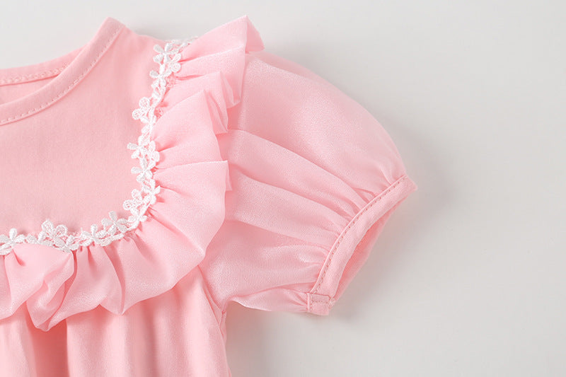 Baby Girl Round Collar Short-Sleeved Small Daisy Pattern Flounce Design Embroidered Onesies, MyKids-USA®, Baby & Toddler Outfits, MyKids-USA / Baby Girl Short-Sleeve Embroidered Daisy Onesie MyKids-USA