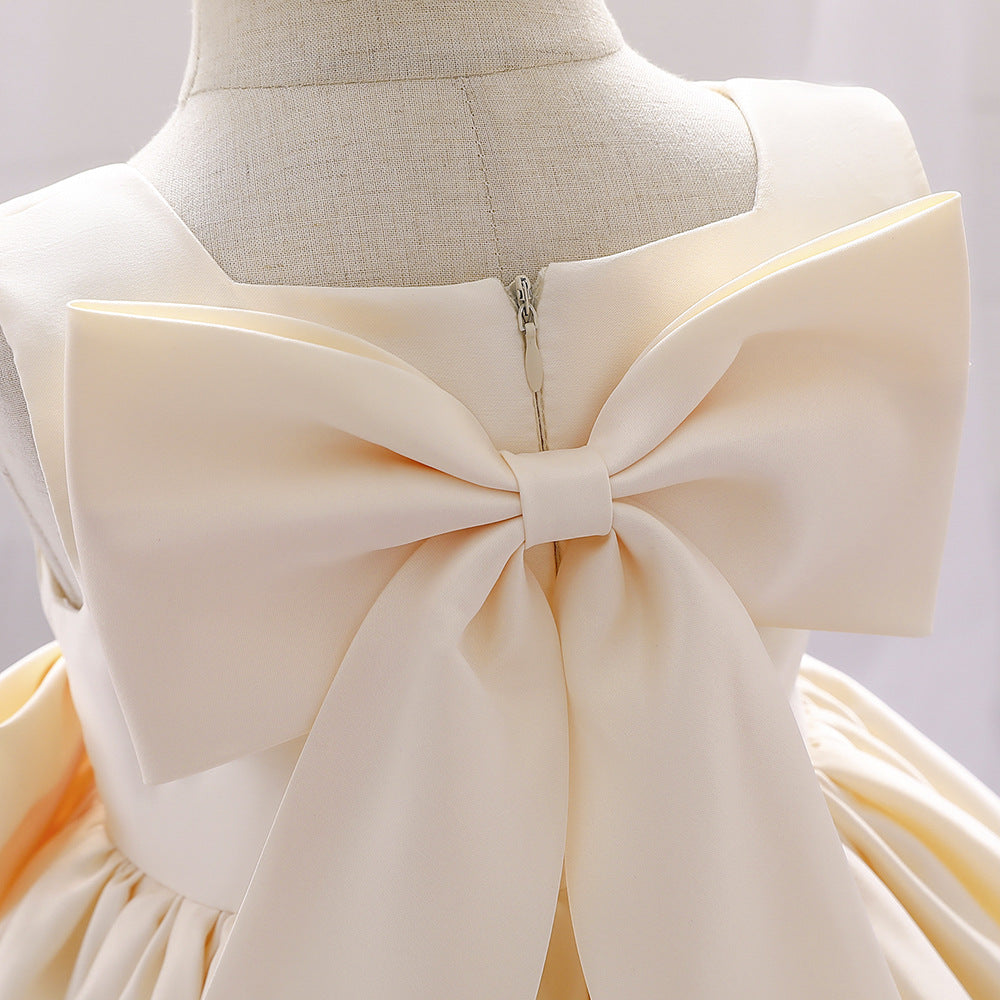 Baby Girl Solid Color Bow Patched Design Sleeveless Western Style Satin Dress, MyKids-USA®, Baby & Toddler Dresses, MyKids-USA / Baby Girl Solid Color Bow Patched Design Sleeveless Western Style Satin Dress MyKids USA