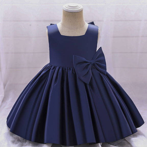 Baby Girl Solid Color Bow Patched Design Sleeveless Western Style Satin Dress, MyKids-USA®, Baby & Toddler Dresses, MyKids-USA - Size/Age - 73 (6-9M) - Color - Navy Blue (Dark Blue) / Baby Girl Solid Color Bow Patched Design Sleeveless Western Style Satin Dress MyKids USA