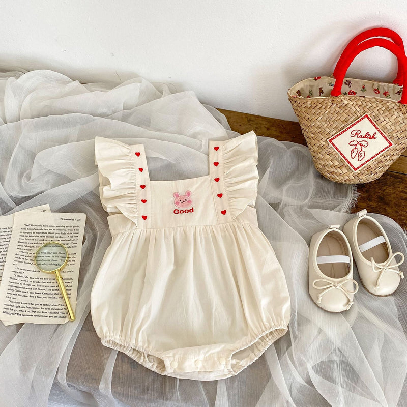 Baby Girl Solid Color Embroidered Square Neck Onesie MyKids-USA