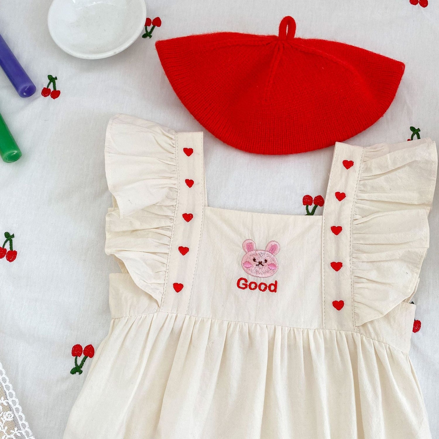Baby Girl Solid Color Embroidered Square Neck Onesie MyKids-USA