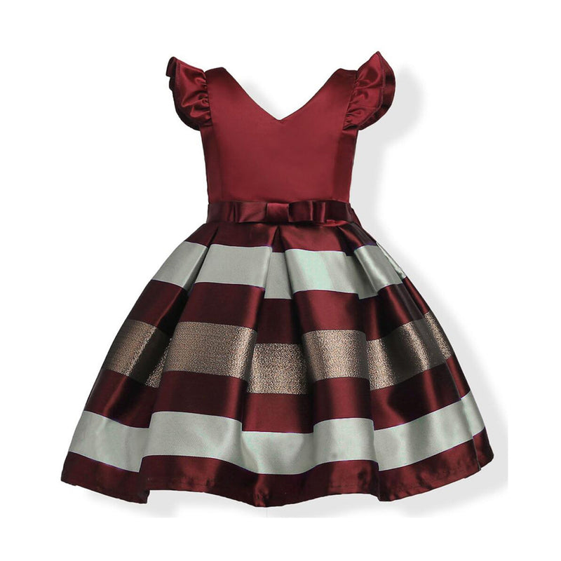 Baby Girl Striped Pattern V-Neck Western Style Formal Dress, MyKids-USA®, Baby & Toddler Dresses, MyKids-USA - Size/Age - 100 (2-3Y) - Color - Red / Baby Girl Striped Pattern V-Neck Western Style Formal Dress MyKids USA