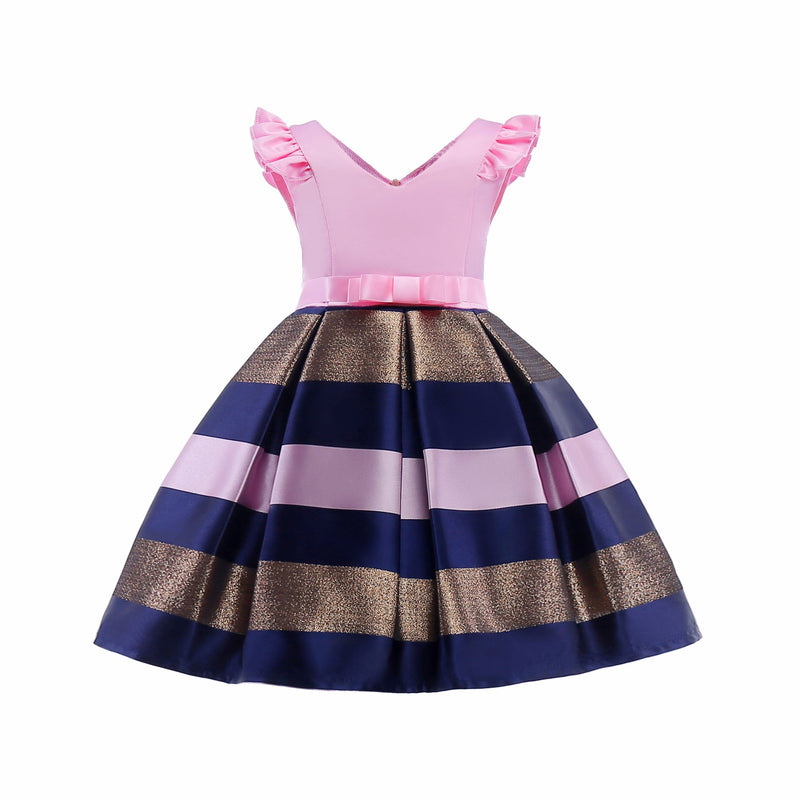 Baby Girl Striped Pattern V-Neck Western Style Formal Dress, MyKids-USA®, Baby & Toddler Dresses, MyKids-USA - Size/Age - 100 (2-3Y) - Color - Pink / Baby Girl Striped Pattern V-Neck Western Style Formal Dress MyKids USA