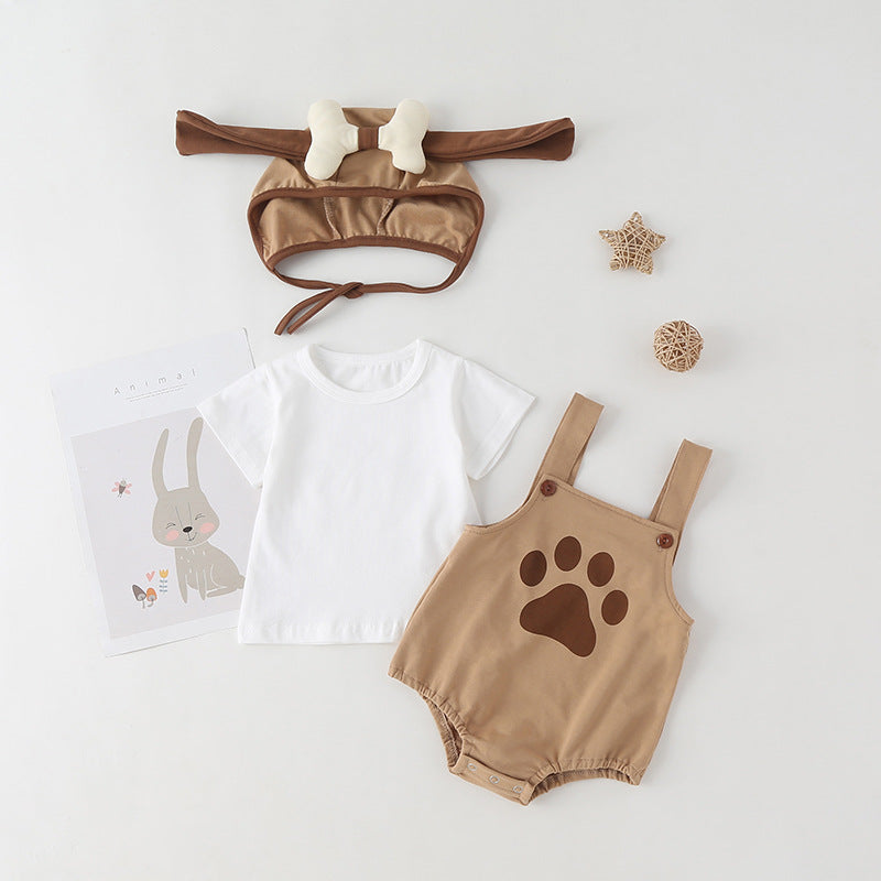 Baby Kids Puppy Print Pattern Short Sleeves With Straps Onesies In Set With Hat Of Puppy Shape, MyKids-USA®, Baby & Toddler Outerwear, MyKids-USA - Size/Age - 66 (3-6M) - Color - Coffee  / Baby Puppy Print Short Sleeve Onesie with Straps & Puppy Hat Set MyKids-USA