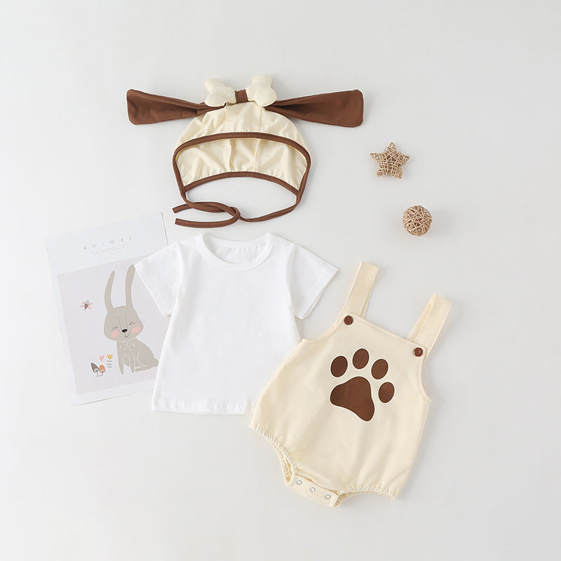 Baby Kids Puppy Print Pattern Short Sleeves With Straps Onesies In Set With Hat Of Puppy Shape, MyKids-USA®, Baby & Toddler Outerwear, MyKids-USA - Size/Age - 66 (3-6M) - Color - Beige -/ Baby Puppy Print Short Sleeve Onesie with Straps & Puppy Hat Set MyKids-USA