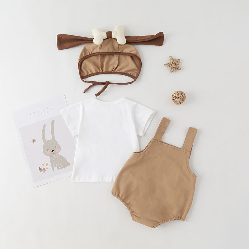 Baby Kids Puppy Print Pattern Short Sleeves With Straps Onesies In Set With Hat Of Puppy Shape, MyKids-USA®, Baby & Toddler Outerwear, MyKids-USA / Baby Puppy Print Short Sleeve Onesie with Straps & Puppy Hat Set MyKids-USA