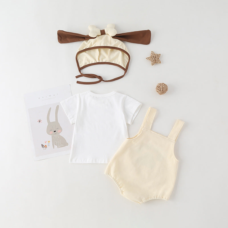 Baby Kids Puppy Print Pattern Short Sleeves With Straps Onesies In Set With Hat Of Puppy Shape, MyKids-USA®, Baby & Toddler Outerwear, MyKids-USA / Baby Puppy Print Short Sleeve Onesie with Straps & Puppy Hat Set MyKids-USA