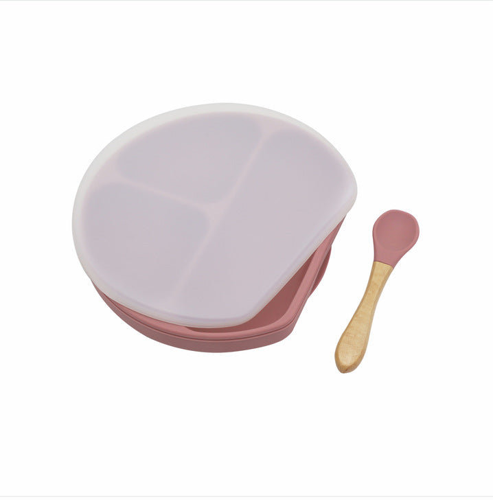 Baby Silicone Compartment Plate With Wooden Spoon, MyKids-USA®, Baby Gift Sets, MyKids-USA - Size/Age - Average Size (0-8Y) - Color - Red / Baby Silicone Compartment Plate With Wooden Spoon MyKids USA