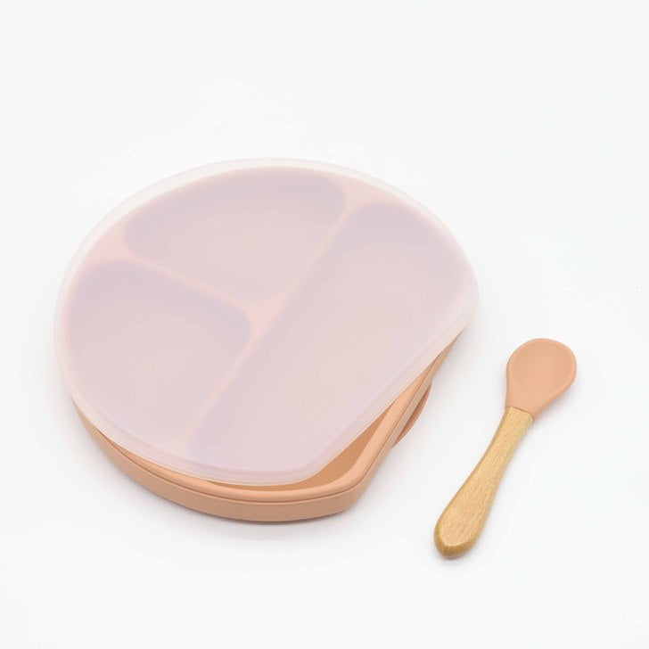 Baby Silicone Compartment Plate With Wooden Spoon, MyKids-USA®, Baby Gift Sets, MyKids-USA - Size/Age - Average Size (0-8Y) - Color - Light Pink  / Baby Silicone Compartment Plate With Wooden Spoon MyKids USA