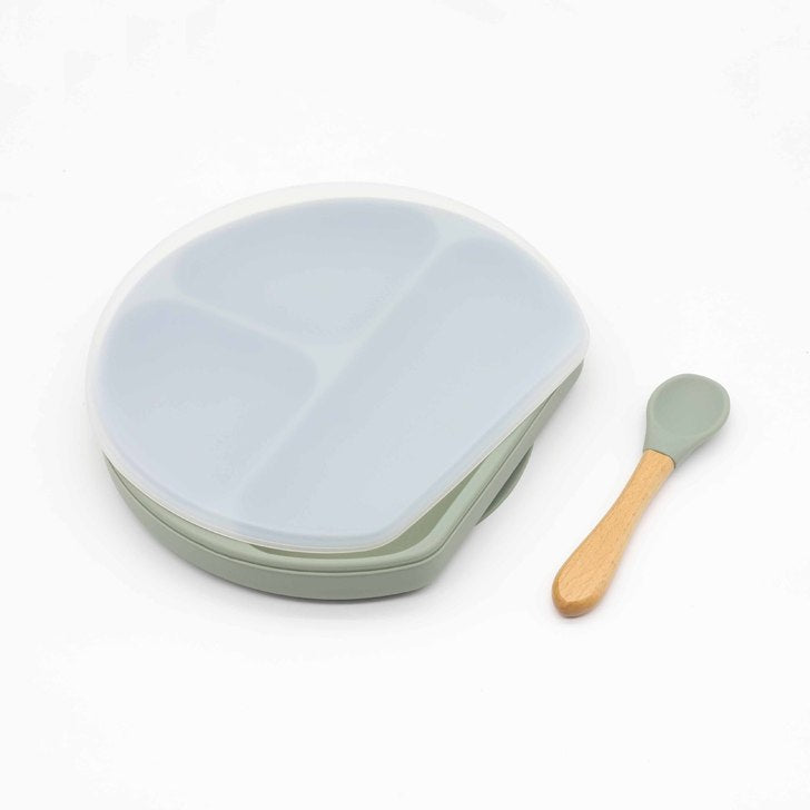Baby Silicone Compartment Plate With Wooden Spoon, MyKids-USA®, Baby Gift Sets, MyKids-USA - Size/Age - Average Size (0-8Y) - Color - Green / Baby Silicone Compartment Plate With Wooden Spoon MyKids USA