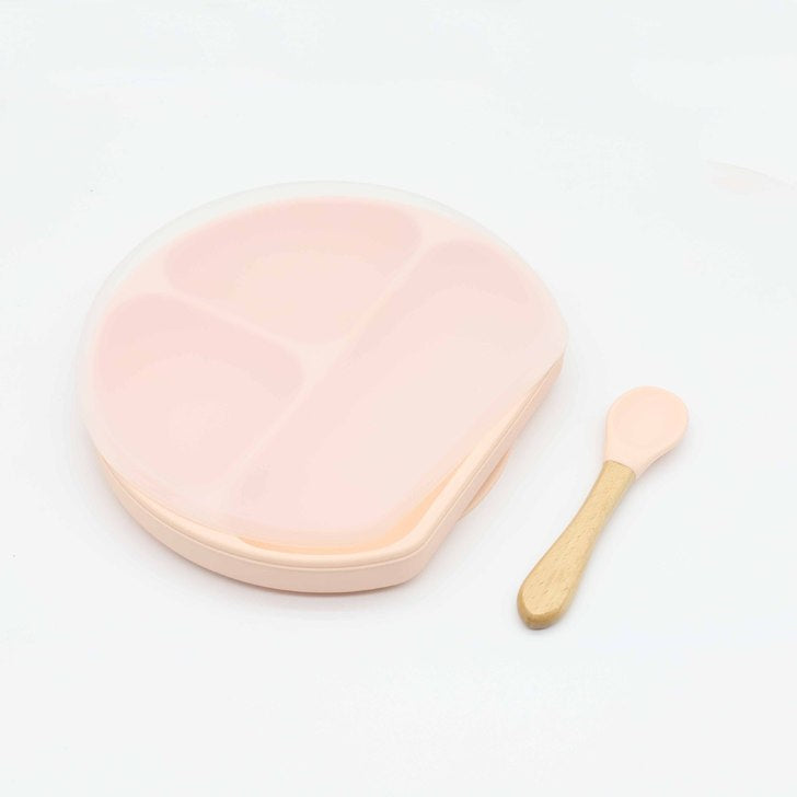 Baby Silicone Compartment Plate With Wooden Spoon, MyKids-USA®, Baby Gift Sets, MyKids-USA - Size/Age - Average Size (0-8Y) - Color - White / Baby Silicone Compartment Plate With Wooden Spoon MyKids USA
