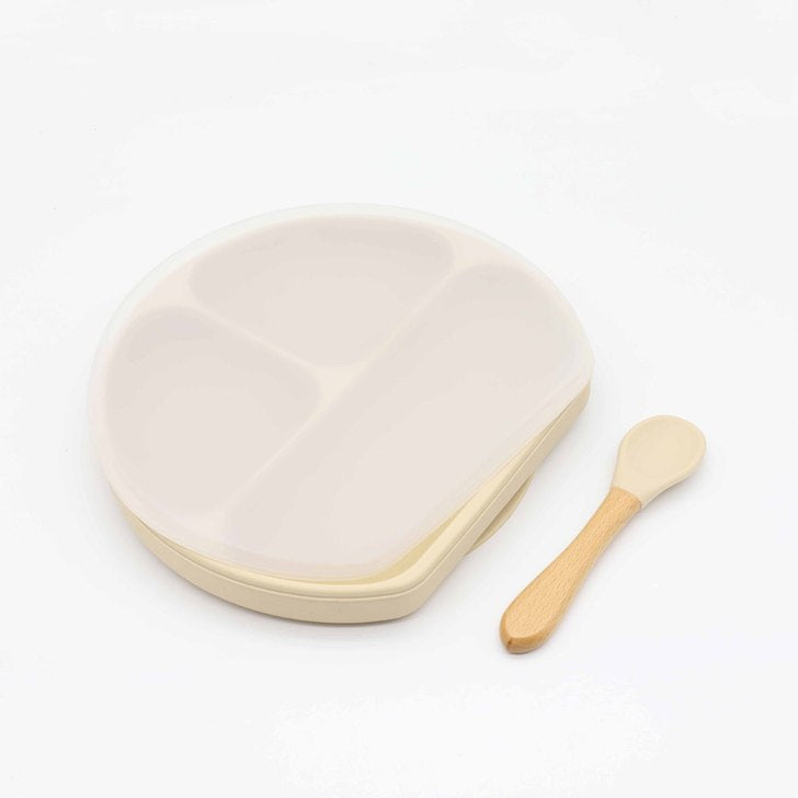 Baby Silicone Compartment Plate With Wooden Spoon, MyKids-USA®, Baby Gift Sets, MyKids-USA - Size/Age - Average Size (0-8Y) - Color - Beige / Baby Silicone Compartment Plate With Wooden Spoon MyKids USA