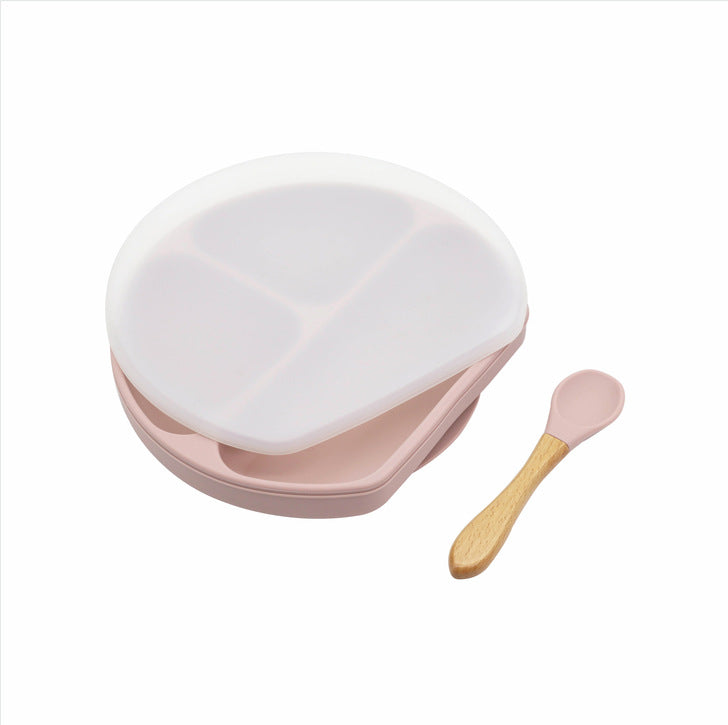 Baby Silicone Compartment Plate With Wooden Spoon, MyKids-USA®, Baby Gift Sets, MyKids-USA - Size/Age - Average Size (0-8Y) - Color - Pink / Baby Silicone Compartment Plate With Wooden Spoon MyKids USA