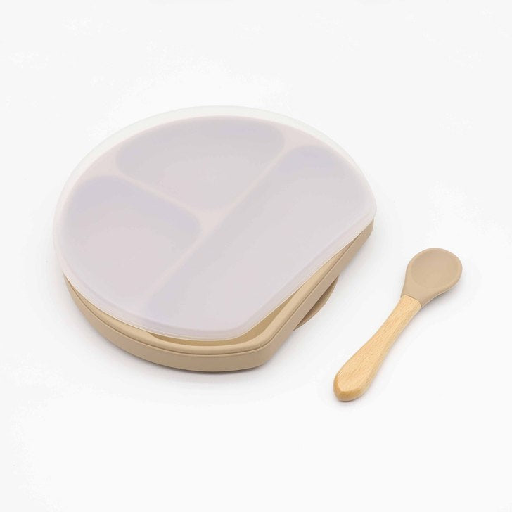 Baby Silicone Compartment Plate With Wooden Spoon, MyKids-USA®, Baby Gift Sets, MyKids-USA - Size/Age - Average Size (0-8Y) - Color - Khaki / Baby Silicone Compartment Plate With Wooden Spoon MyKids USA