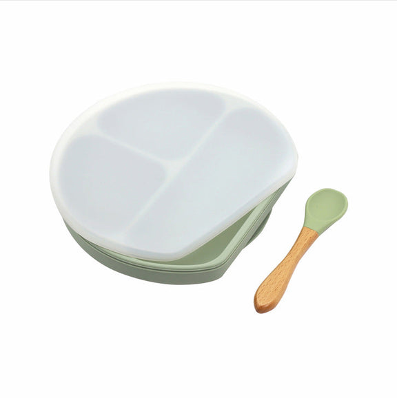 Baby Silicone Compartment Plate With Wooden Spoon, MyKids-USA®, Baby Gift Sets, MyKids-USA - Size/Age - Average Size (0-8Y) - Color - Light Green / Baby Silicone Compartment Plate With Wooden Spoon MyKids USA