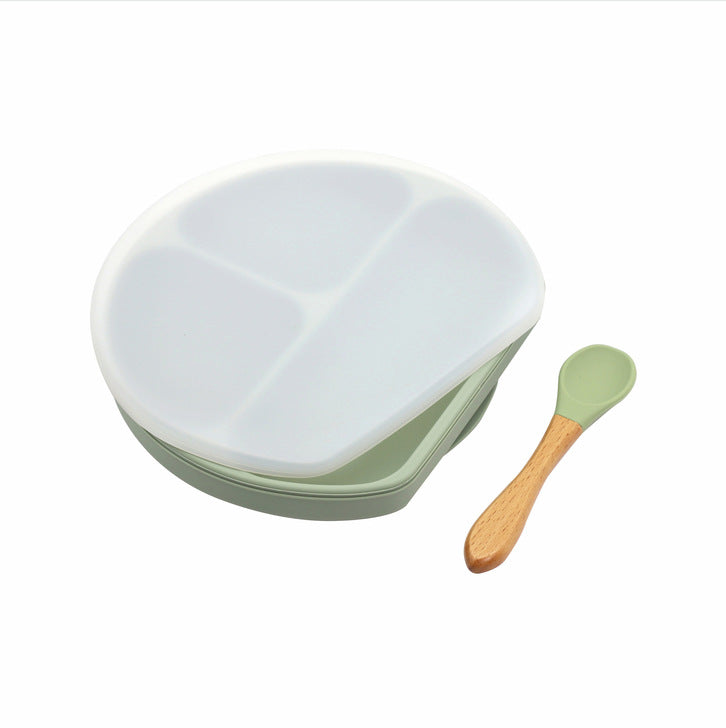 Baby Silicone Compartment Plate With Wooden Spoon, MyKids-USA®, Baby Gift Sets, MyKids-USA - Size/Age - Average Size (0-8Y) - Color - Light Green / Baby Silicone Compartment Plate With Wooden Spoon MyKids USA