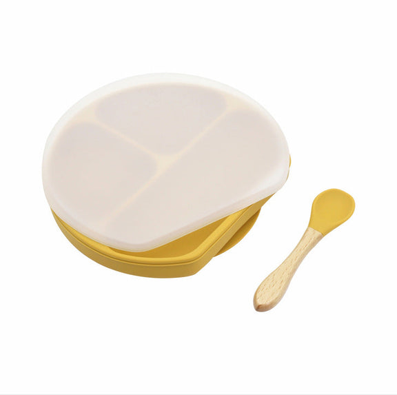 Baby Silicone Compartment Plate With Wooden Spoon, MyKids-USA®, Baby Gift Sets, MyKids-USA -  -  / Baby Silicone Compartment Plate With Wooden Spoon MyKids USA