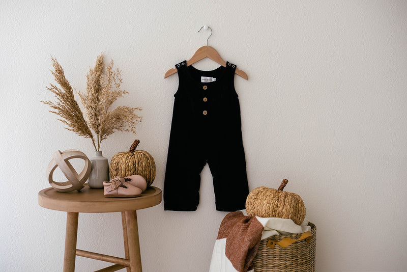 Black Linen Baby Romper – Non-Toxic, Stylish Comfort by Babe Basics