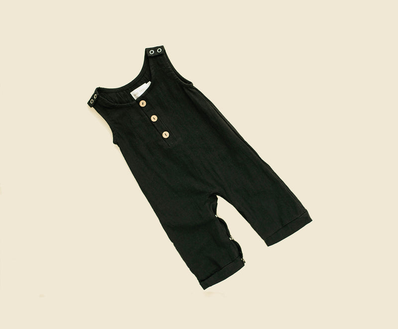 Black Linen Baby Romper – Non-Toxic, Stylish Comfort by Babe Basics